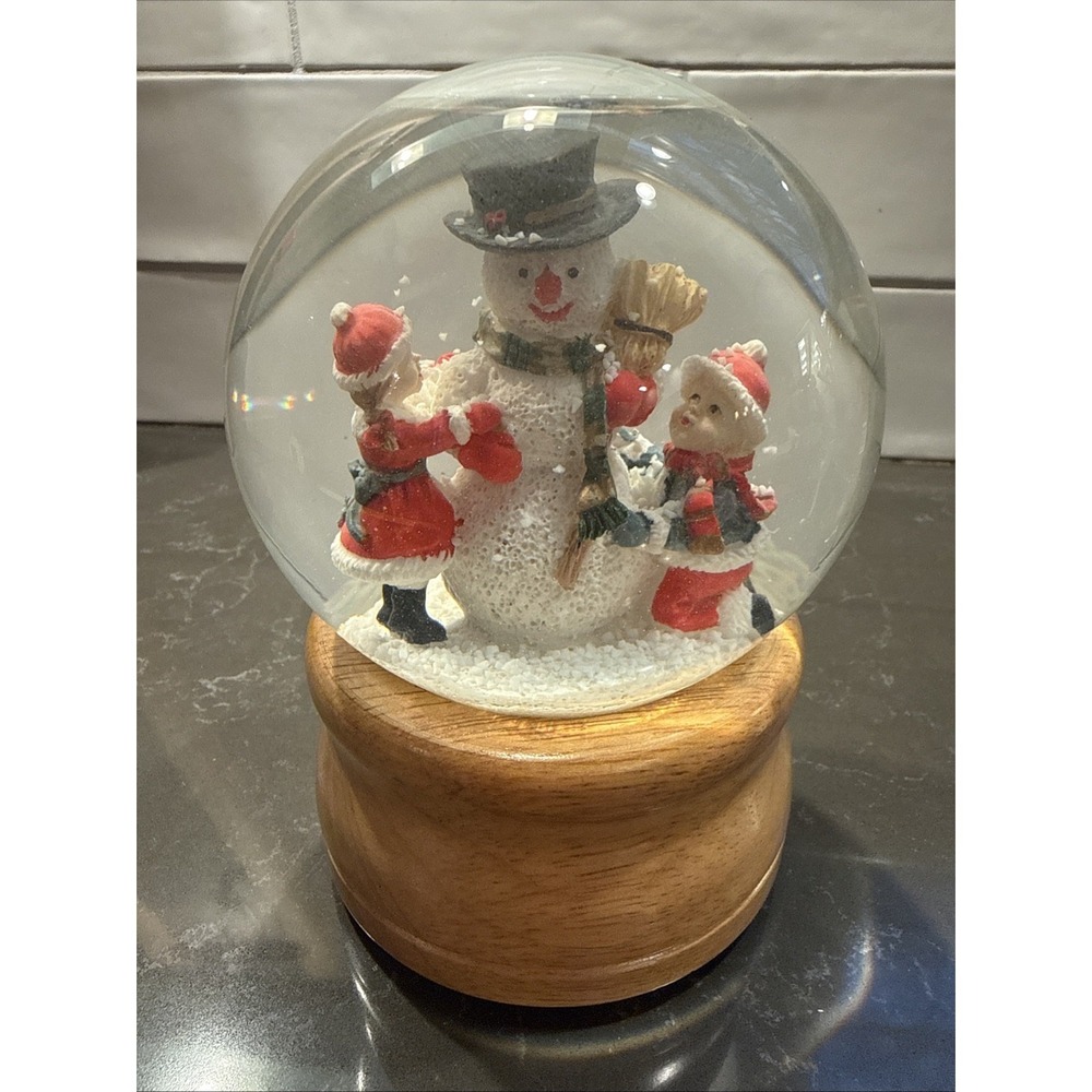 Snowman musical snow globe - children building wooden base -5 1/2" tall